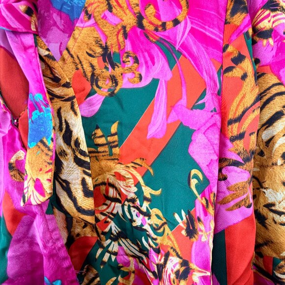 Dee Elly Raja Tiger Tie Neck Crop Blouse Hot Pink Floral Animal Print Size Large - Picture 4 of 9